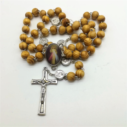 Virgin Mary / Divine Mercy Rosary - Wooden Beads