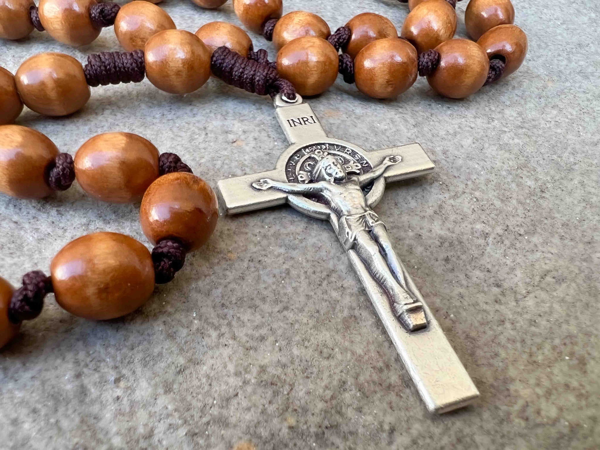 Wooden Bead Rosary With Saint Benedict Medal - Handcrafted Prayer Beads With Gift Pouch