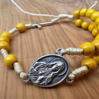 Yellow Wooden Prayer Beads Rosary Bracelet Immaculate Sacred Heart Mary Jesus