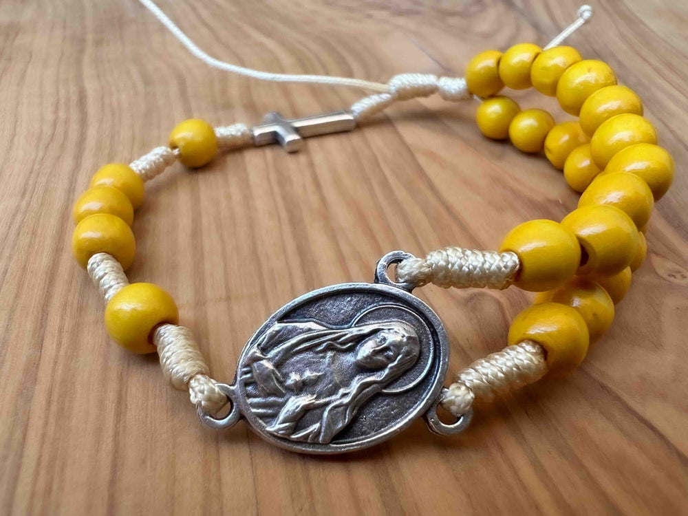 Yellow Wooden Prayer Beads Rosary Bracelet Immaculate Sacred Heart Mary Jesus