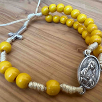 Yellow Wooden Prayer Beads Rosary Bracelet Immaculate Sacred Heart Mary Jesus