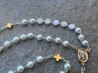 
              Medjugorje White Pearl Rosary With Name Personalized Golden Cross And Virgin Mary Medal
            