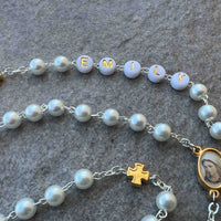 Medjugorje White Pearl Rosary With Name Personalized Golden Cross And Virgin Mary Medal