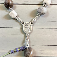 
              Faithful Mini Rosary – Natural Stone & Job’s Tears Beads | St. Benedict Crucifix & Divine Mercy / Virgin Mary Medal | Handmade in Medjugorje
            