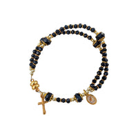 
              Elegant Womans Black Crystal Bead Bracelet With Gold Crucifix And Virgin Mary Medal Double Layered With Gold Accents
            