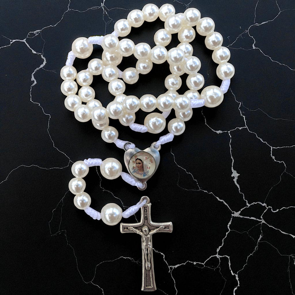 White Pearl Rosary Handmade in Medjugorje Catholic Prayer Beads For Women