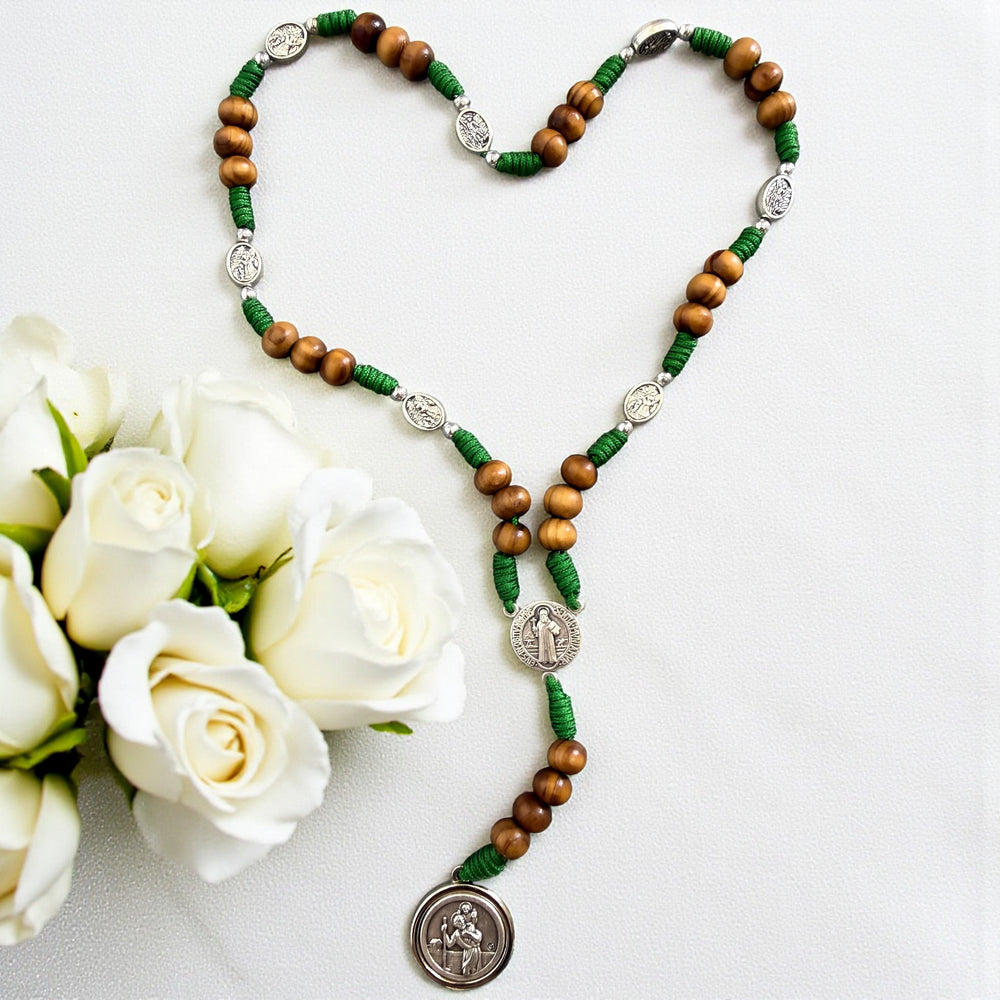 Christian Handmade Rosary with St. Benedict, St. Michael & St. Christopher – Olive Wood Beads – Custom Cord & Bead Options – Protection Gift from Medjugorje