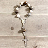 Faithful Mini Rosary – Natural Stone & Job’s Tears Beads | St. Benedict Crucifix & Divine Mercy / Virgin Mary Medal | Handmade in Medjugorje