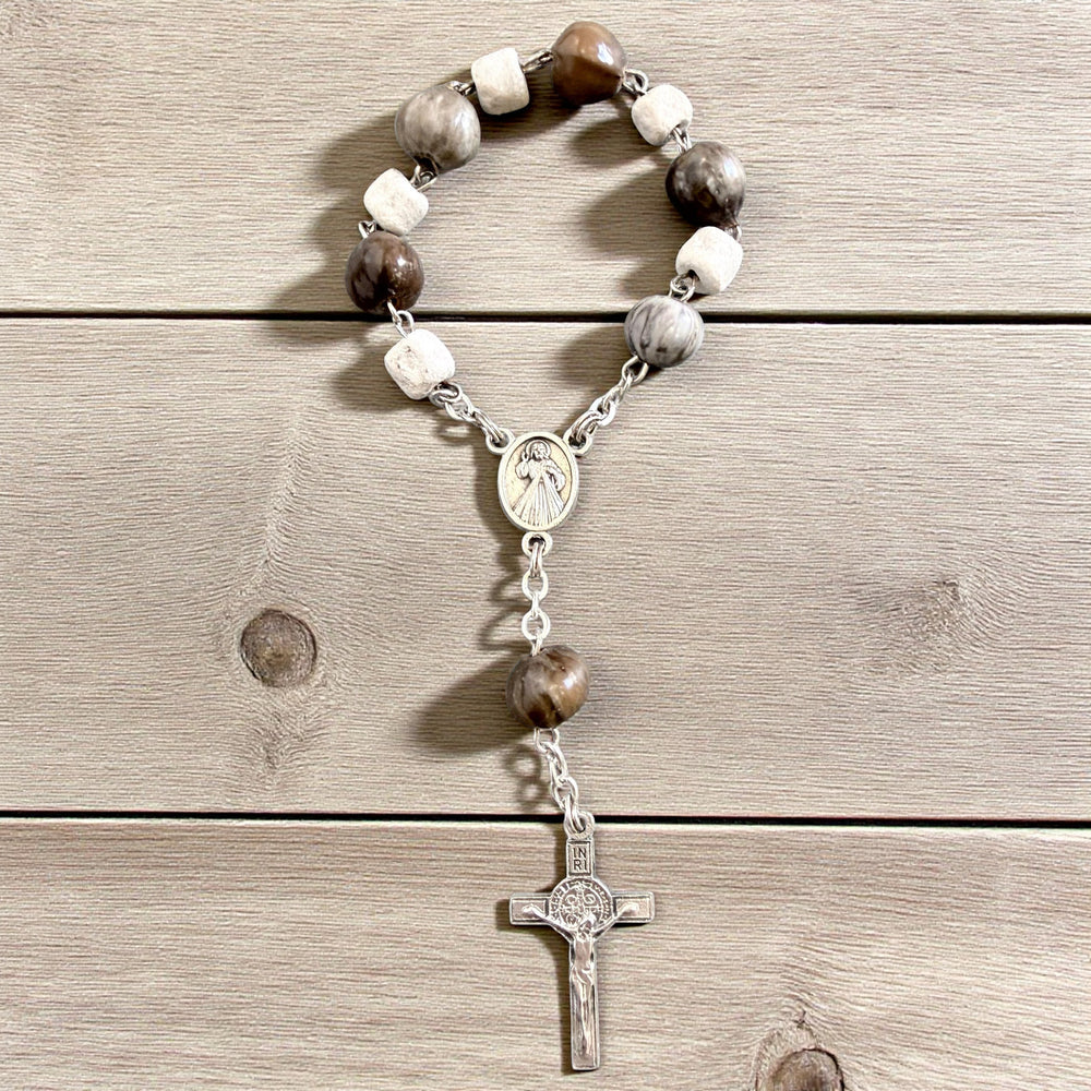 Faithful Mini Rosary – Natural Stone & Job’s Tears Beads | St. Benedict Crucifix & Divine Mercy / Virgin Mary Medal | Handmade in Medjugorje
