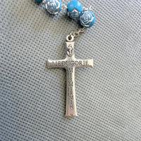 
              Handmade Blue Rose Beads Medjugorje Rosary Catholic Silver Crucifix & Chalice Centerpiece Spiritual Prayer Gift
            