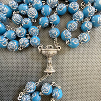 
              Handmade Blue Rose Beads Medjugorje Rosary Catholic Silver Crucifix & Chalice Centerpiece Spiritual Prayer Gift
            
