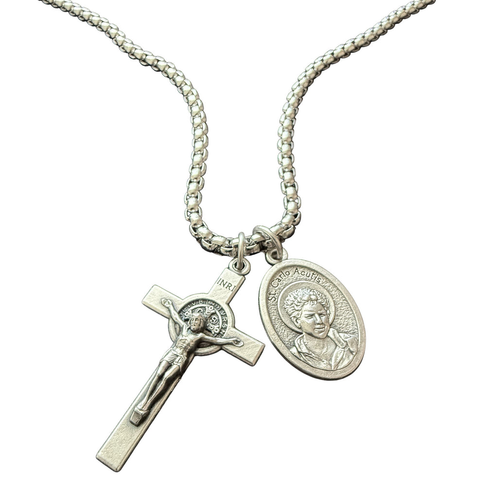 Saint Carlo Acutis & Saint Benedict Christian Adjustable Necklace – Faith Protection Jewelry Handmade from Medjugorje