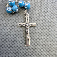 Handmade Blue Rose Beads Medjugorje Rosary Catholic Silver Crucifix & Chalice Centerpiece Spiritual Prayer Gift