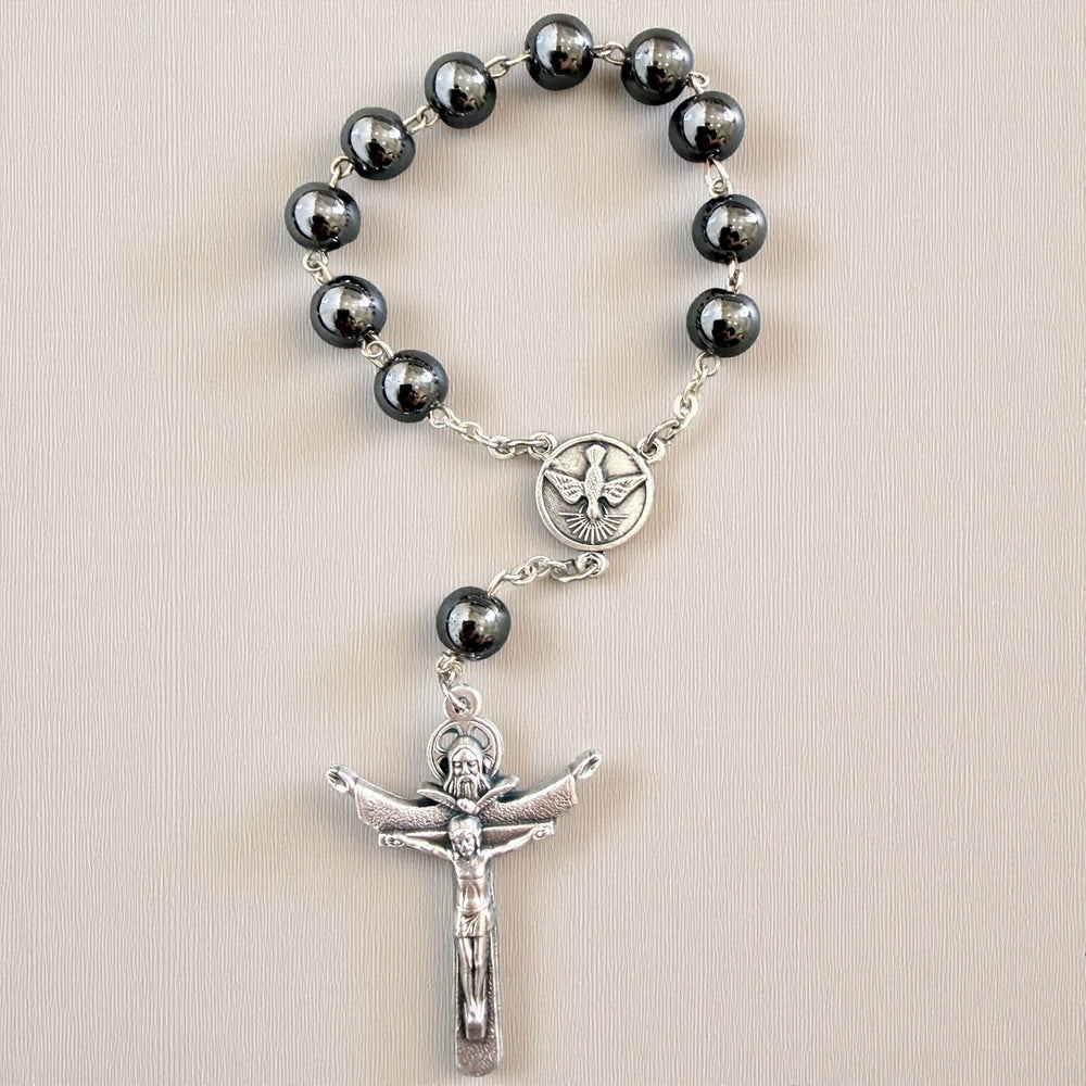 Peace & Protection Catholic Rosary Bracelet – Handmade Hematite Pocket Rosary with Holy Spirit Medal