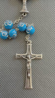
              Handmade Blue Rose Beads Medjugorje Rosary Catholic Silver Crucifix & Chalice Centerpiece Spiritual Prayer Gift
            