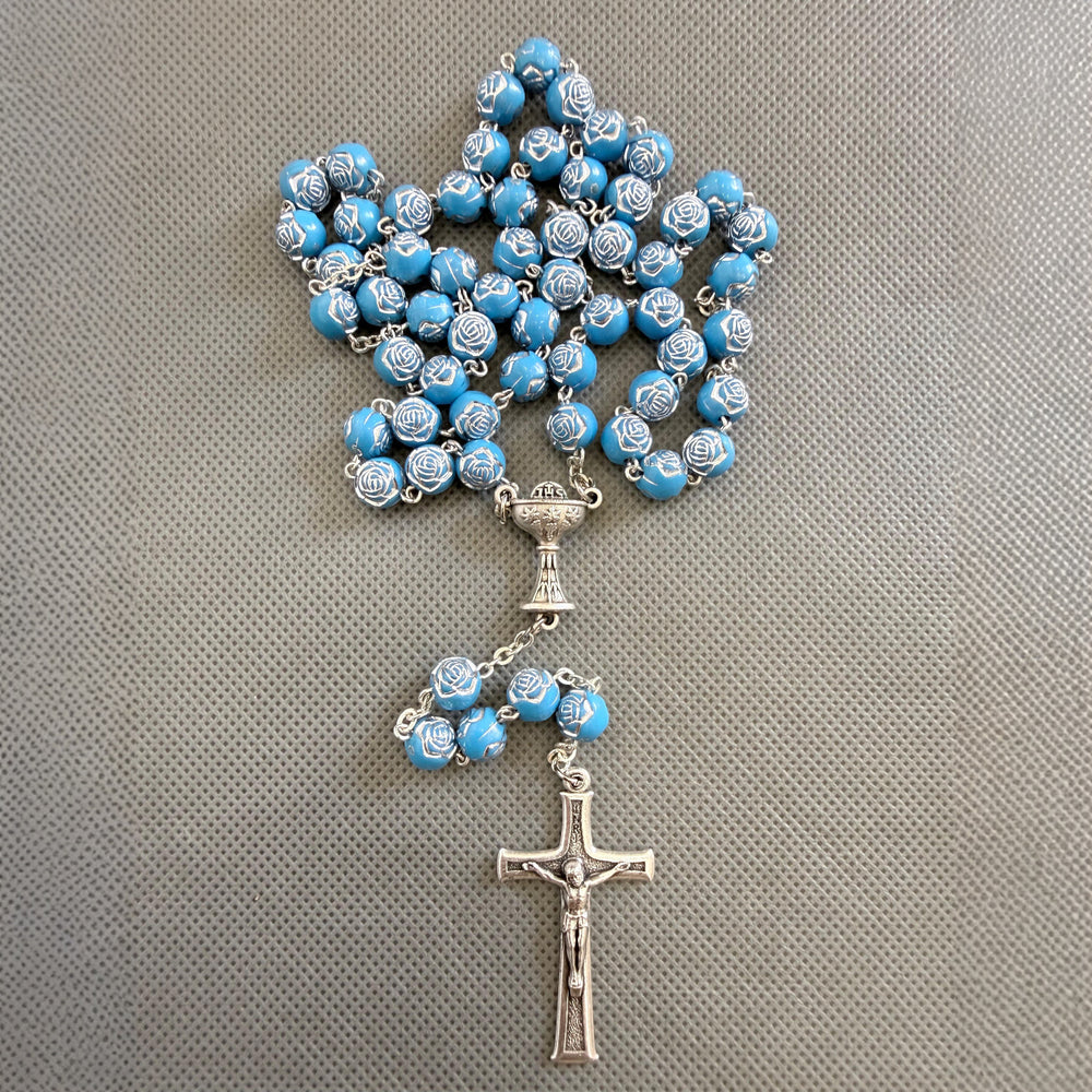 Handmade Blue Rose Beads Medjugorje Rosary Catholic Silver Crucifix & Chalice Centerpiece Spiritual Prayer Gift