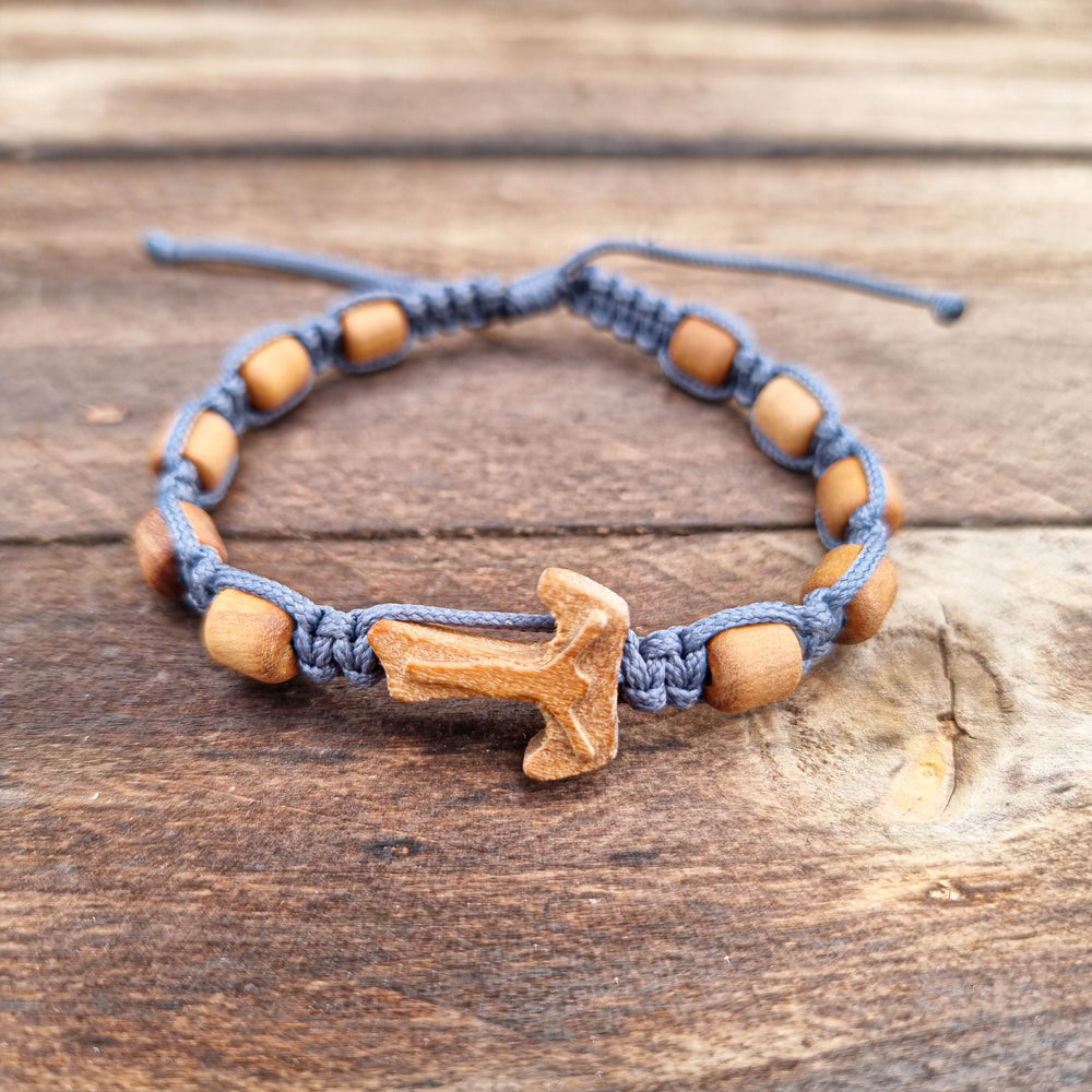 Olive Wood Cross Tau Bracelet With Ten Wooden Prayer Beads