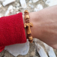 
              Olive Wood Cross Tau Bracelet With Ten Wooden Prayer Beads
            