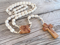 
              Coral Beads Five Decade Rosary, Olive Wood Cross, Handmade Chaplet
            