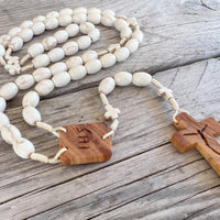 Coral Beads Five Decade Rosary, Olive Wood Cross, Handmade Chaplet