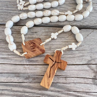 
              Coral Beads Five Decade Rosary, Olive Wood Cross, Handmade Chaplet
            