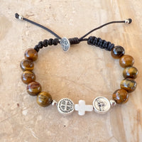 Tiger Eye Beads Bracelet With Coral Cross Charm And Saint Medals