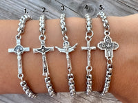 
              Catholic Cross Medal Chain Bracelet, Choose One Of Five Cross Pendants
            