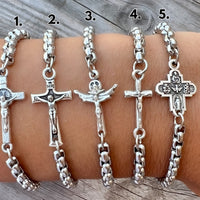 Catholic Cross Medal Chain Bracelet, Choose One Of Five Cross Pendants