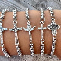 Catholic Cross Medal Chain Bracelet, Choose One Of Five Cross Pendants