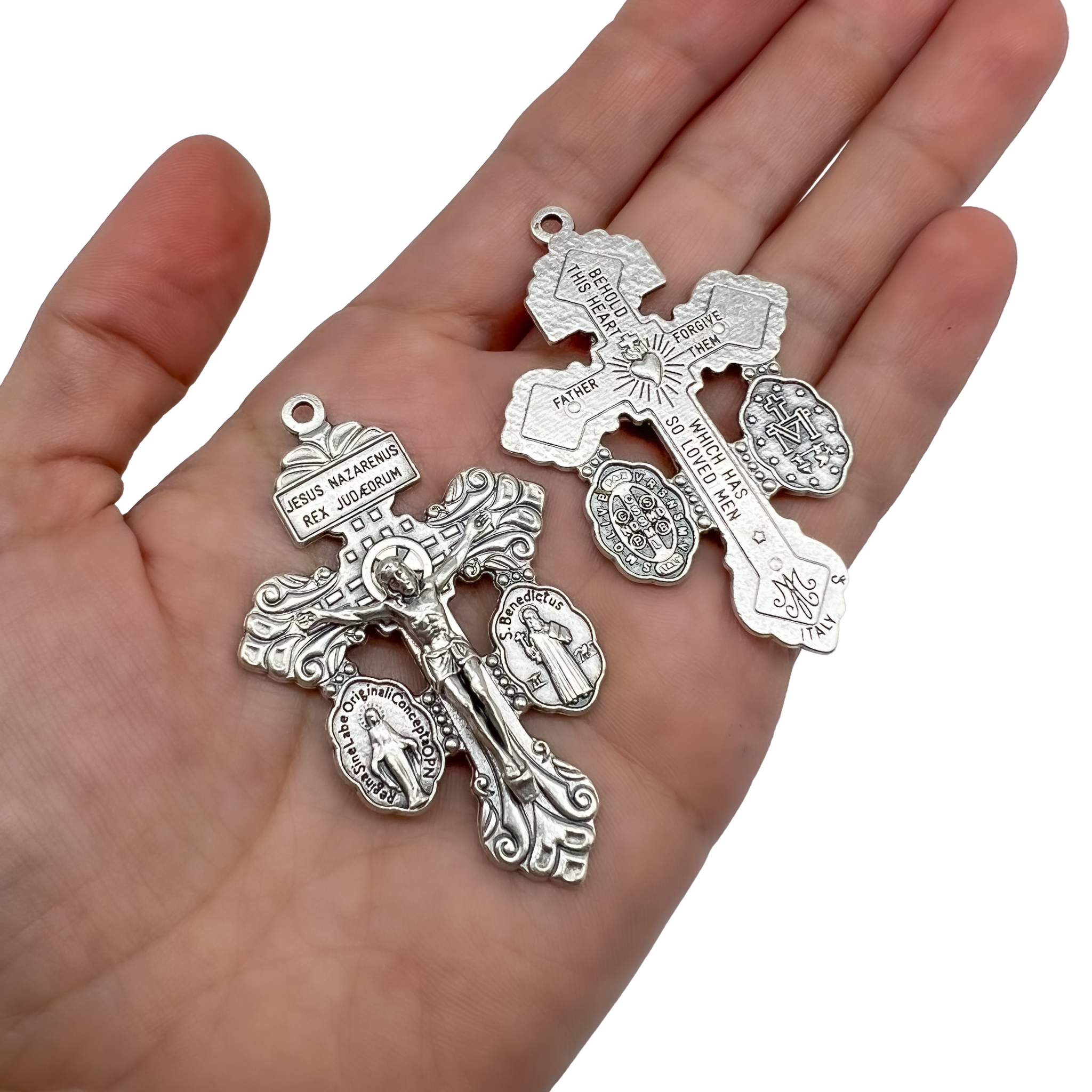 Bulk Pack of 25 - Pardon Indulgence Crucifix Triple Threat Crucifix Cross  for Rosary Making with St Benedict Medal and Miraculous Medal - 2 1/8 Inch  Silver Oxidized Italian Crucifix Catholic Rosary Making Supplies