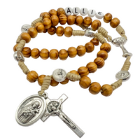 Personalized First Communion Rosary With Olive Wood Beads And Saint Medal