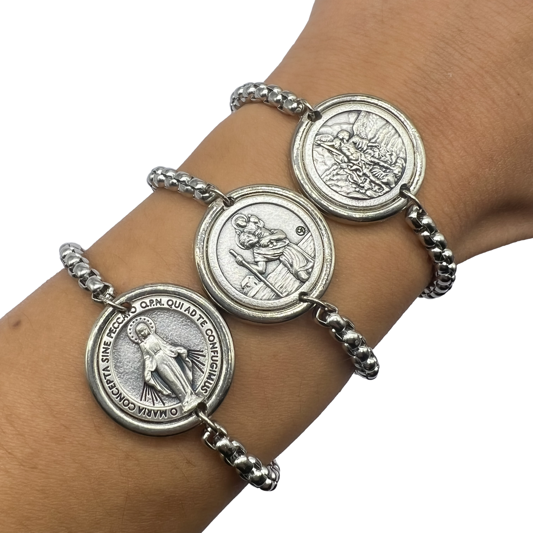 Stainless Steel Chain Catholic Bracelet With Round Medals