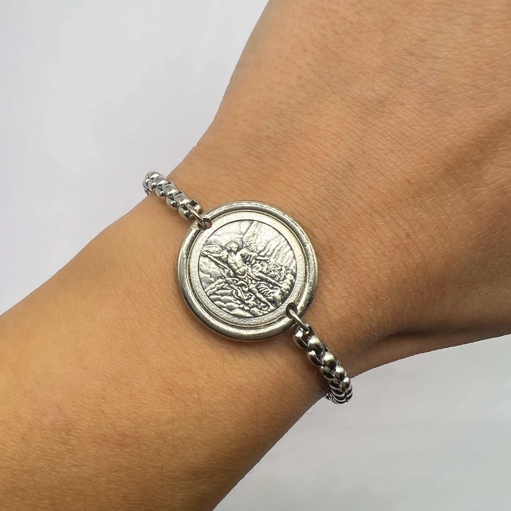 Stainless Steel Chain Catholic Bracelet With Round Medals