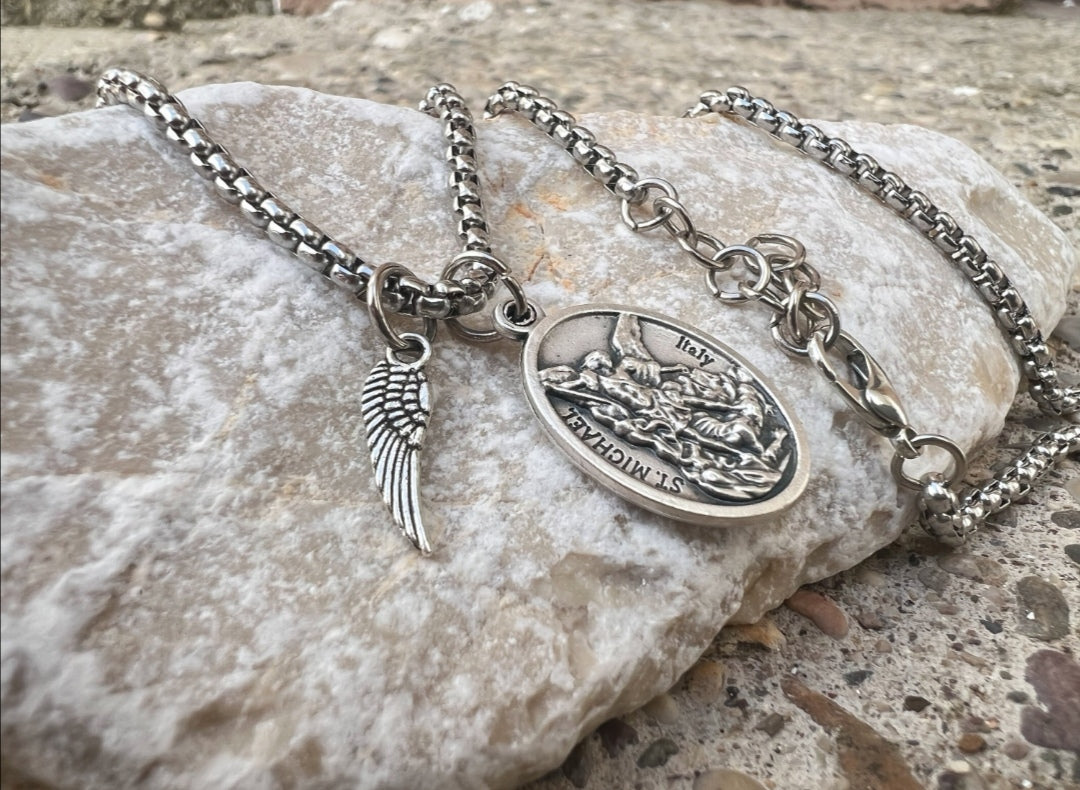 Catholic Necklace With Saint Pendant Medal Charm Angel Wing