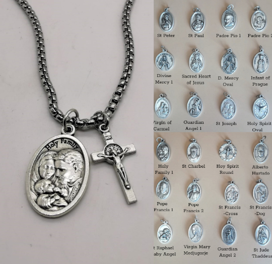 Custom Catholic Saint and Cross Necklace Mens Womens Kids
