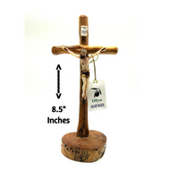 
              Natural Wood Standing Table Cross With Crucifix
            