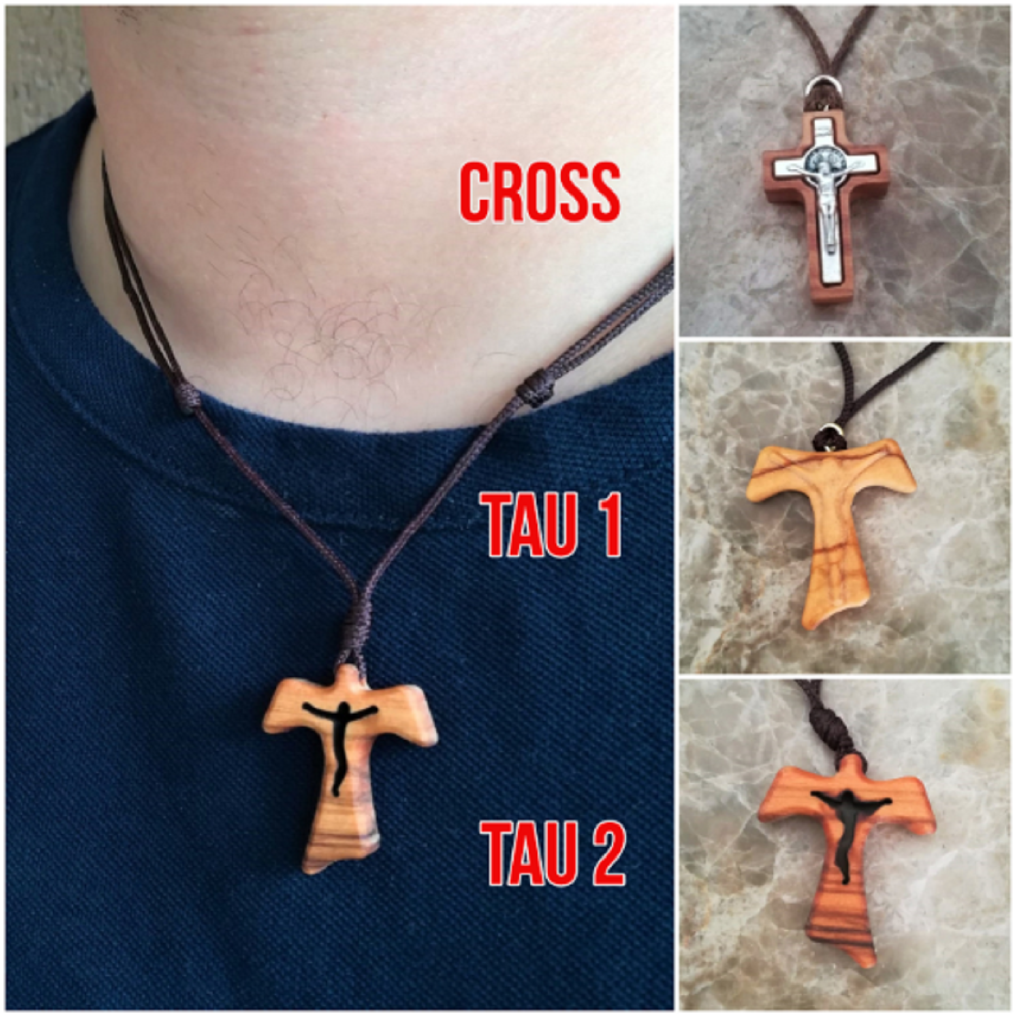 Olive Wood Tau Cross Pendant Necklace Cross