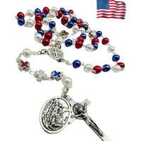 USA American Flag Catholic Rosary St Michael Archangel Red White And Blue Beads